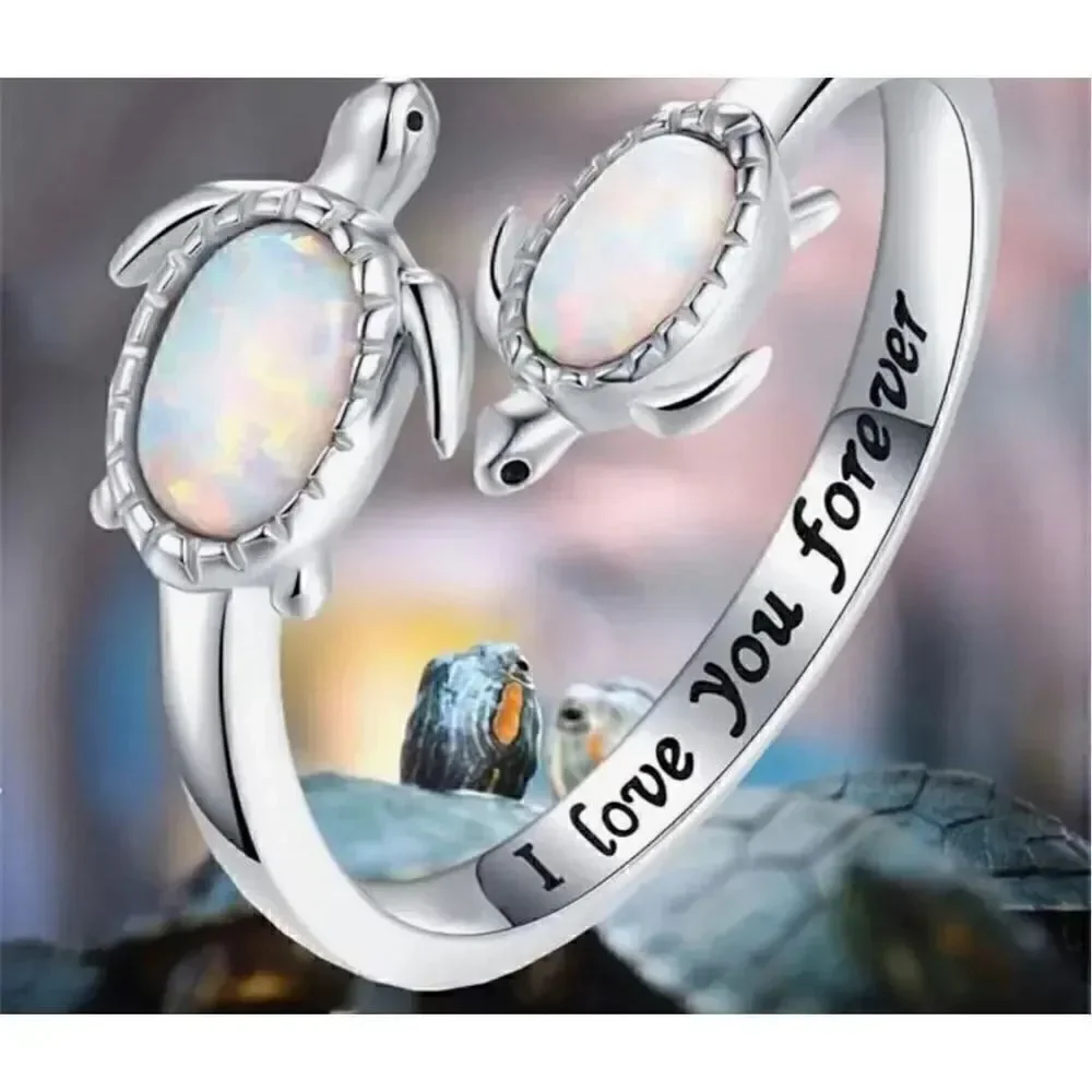 Mother And Child Turtle Ring, Adjustable Sea Turtle Ring Engraved I love you for
